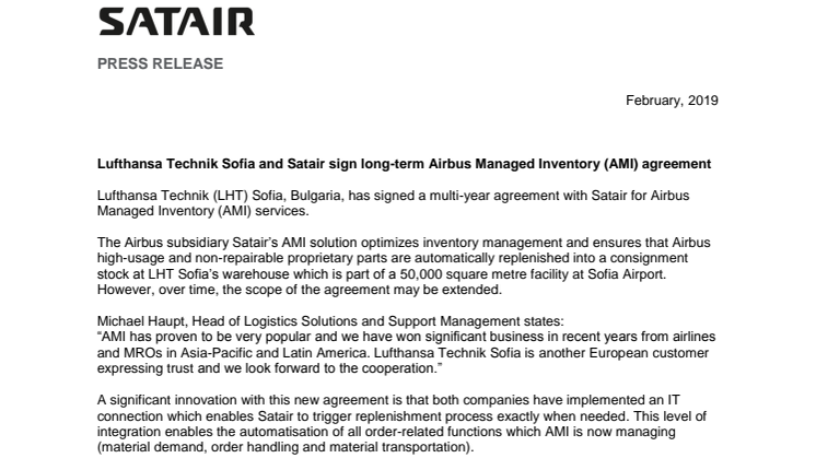 Lufthansa Technik Sofia and Satair sign long-term Airbus Managed Inventory (AMI) agreement