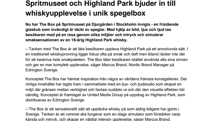 Spritmuseet och Highland Park bjuder in till whiskyupplevelse i unik spegelbox