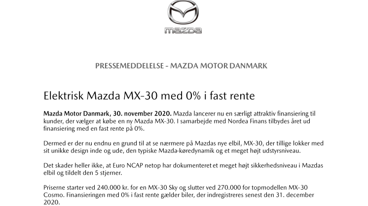 Elektrisk Mazda MX-30 med 0% i fast rente