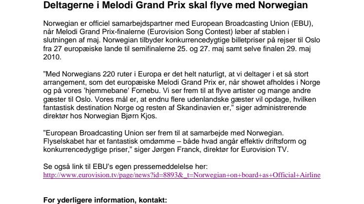 Deltagerne i Melodi Grand Prix skal flyve med Norwegian
