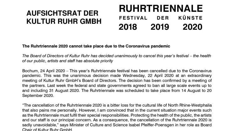 The Ruhrtriennale 2020 cannot take place due to the Coronavirus pandemic