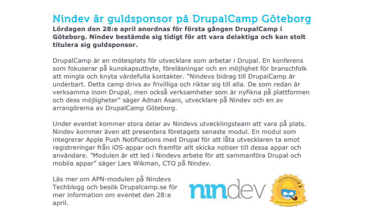 Nindev är guldsponsor på DrupalCamp Göteborg
