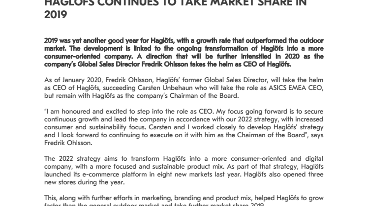 HAGLÖFS CONTINUES TO TAKE MARKET SHARE IN 2019