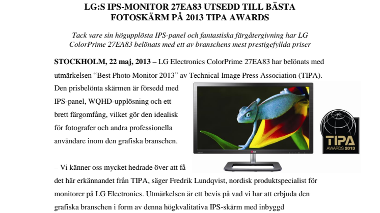 LG:S IPS-MONITOR 27EA83 UTSEDD TILL BÄSTA FOTOSKÄRM PÅ 2013 TIPA AWARDS