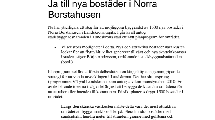 Ja till nya bostäder i Norra Borstahusen i Landskrona