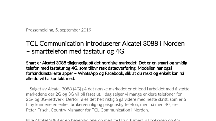 TCL Communication introduserer Alcatel 3088 i Norden – smarttelefon med tastatur og 4G 