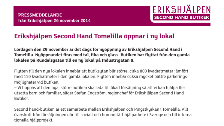 Erikshjälpen Second Hand Tomelilla öppnar i ny lokal