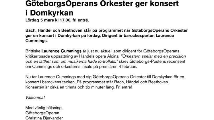 GöteborgsOperans Orkester ger konsert i Domkyrkan  