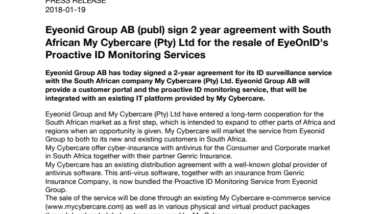 Eyeonid Group AB (publ) tecknar 2 års avtal med sydafrikanska My Cybercare (Pty) Ltd om återförsäljning av EyeOnIDs proaktiva ID-Bevakningstjänster