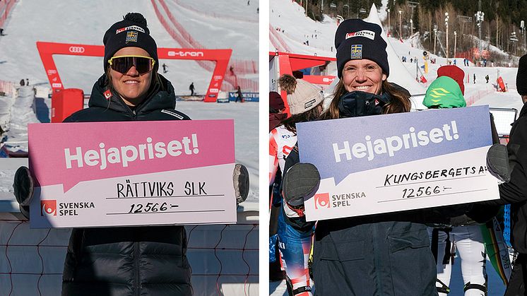 Anna Swenn Larsson och Sara Hector tog emot Svenska Spels Hejapris som de ger till sina respektive modersklubbar. Foto: Simon Broberg/Ski Team Sweden Alpine
