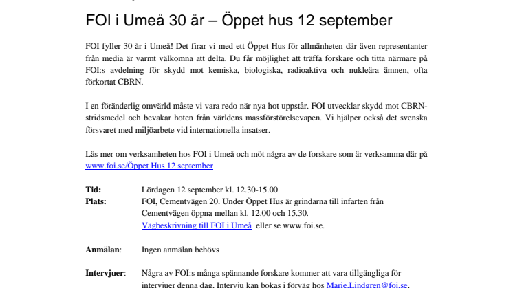 Pressinbjudan: FOI i Umeå 30 år – Öppet hus 12 september