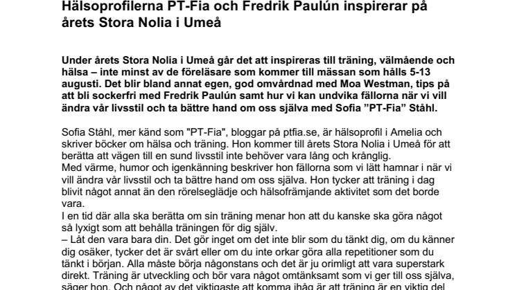 Hälsoprofilerna PT-Fia och Fredrik Paulún inspirerar på årets Stora Nolia i Umeå