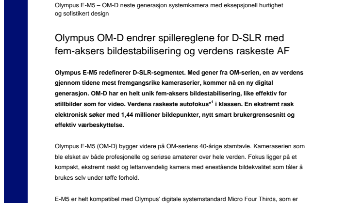 Olympus OM-D endrer spillereglene for D-SLR med fem-aksers bildestabilisering og verdens raskeste AF