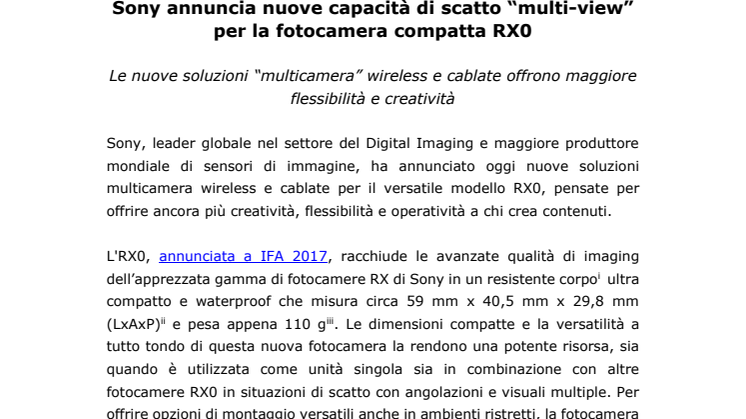 Sony annuncia nuove capacità di scatto “multi-view” per la fotocamera compatta RX0