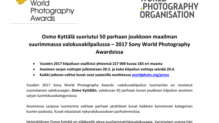 Osmo Kyttälä suoriutui 50 parhaan joukkoon maailman suurimmassa valokuvakilpailussa – 2017 Sony World Photography Awardsissa 