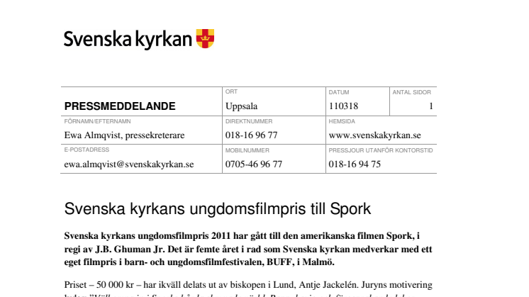 Svenska kyrkans ungdomsfilmpris till Spork