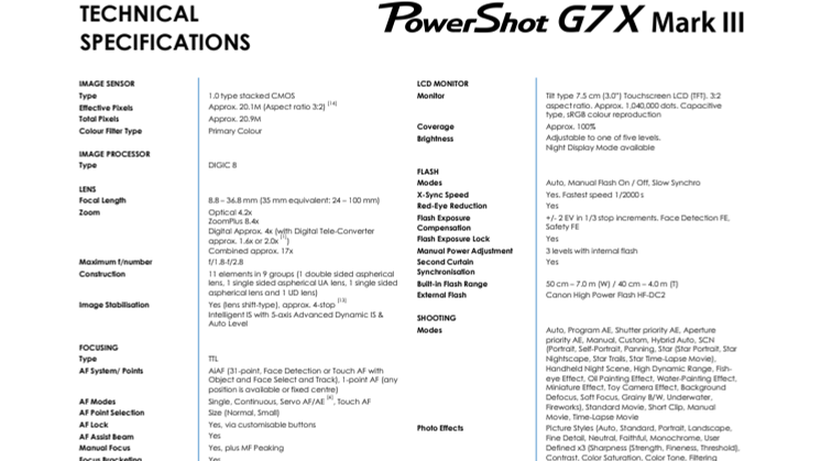 PowerShot G7X Mark III PR Spec Sheet