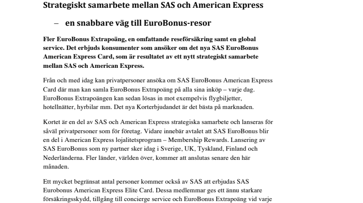 Strategiskt samarbete mellan SAS och American Express – en snabbare väg till EuroBonusresor