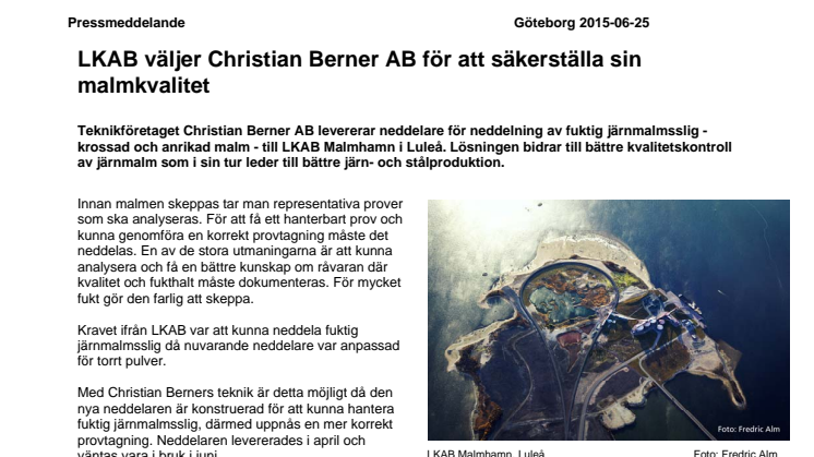 LKAB väljer Christian Berner AB för att säkerställa sin malmkvalitet