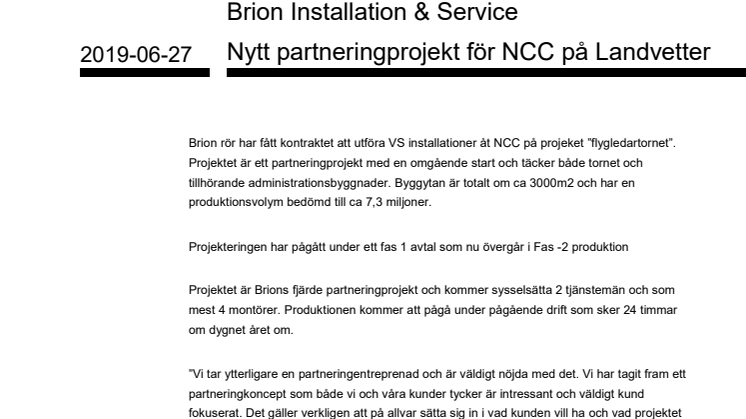 Brion Installation & Service tar Nytt partneringprojekt för NCC på Landvetter