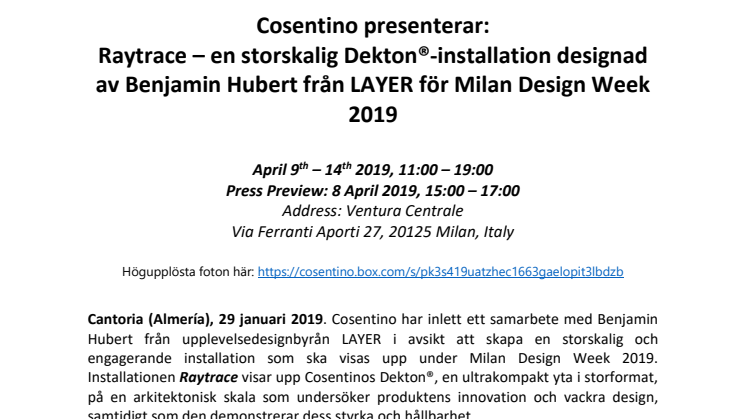 Cosentino presenterar: Raytrace – en storskalig Dekton®-installation designad av Benjamin Hubert från LAYER för Milan Design Week 2019