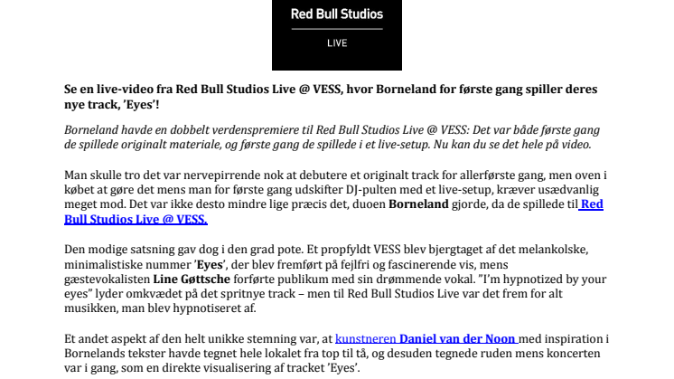 Premiere: Borneland 'Eyes (Red Bull Studios Live @ VESS)'