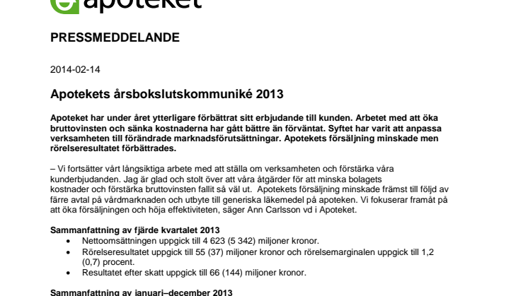 Apotekets årsbokslutskommuniké 2013