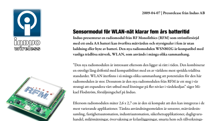 Sensormodul för WLAN-nät klarar fem års batteritid