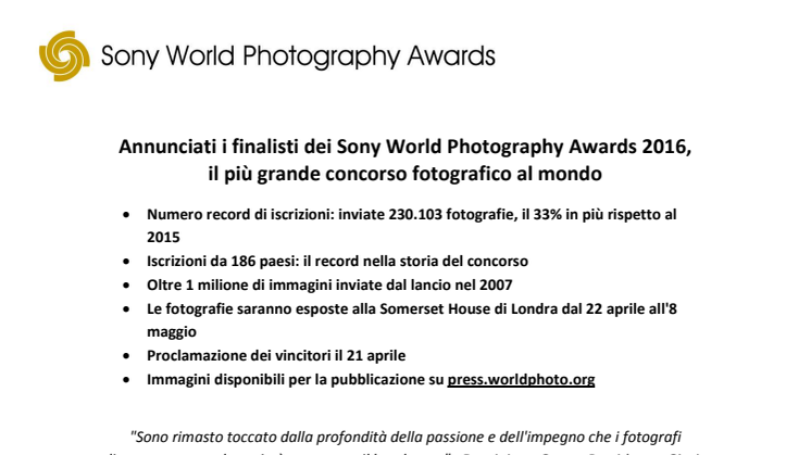 Annunciati i finalisti dei Sony World Photography Awards 2016, il più grande concorso fotografico al mondo