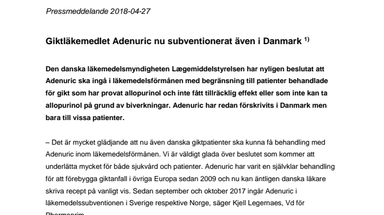 Giktläkemedlet Adenuric nu subventionerat även i Danmark 1)