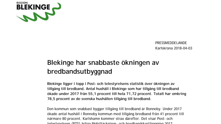 Ökning av bredband i Blekinge snabbast i landet