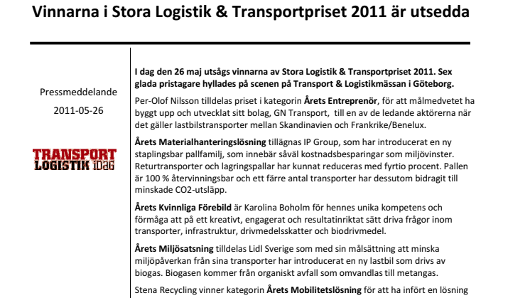 Vinnarna i Stora Logistik & Transportpriset 2011 är utsedda!