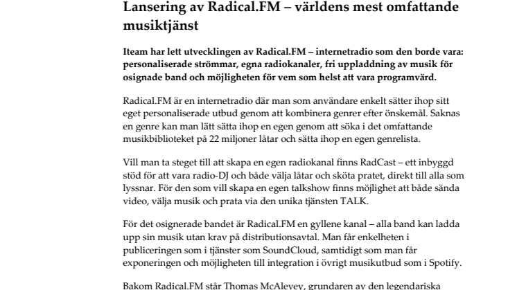 Lansering av Radical.FM – världens mest omfattande musiktjänst