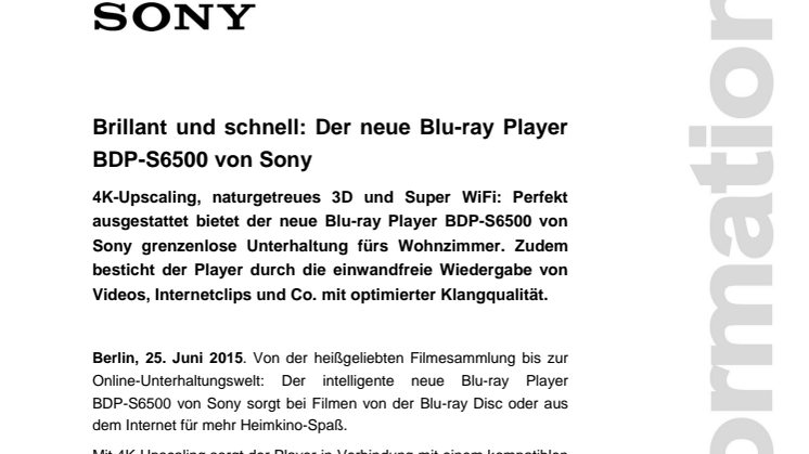 Brillant und schnell: Der neue Blu-ray Player BDP-S6500 von Sony