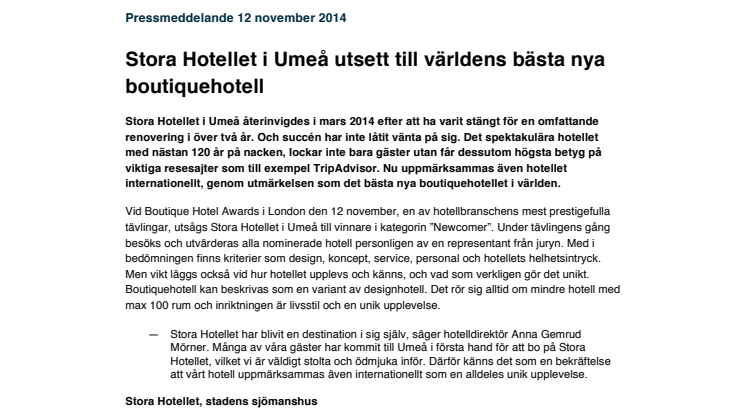 Stora Hotellet i Umeå utsett till världens bästa nya boutiquehotell