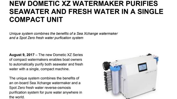 Dometic: New Dometic XZ Watermaker Purifies Seawater and Fresh Water in a Single Compact Unit