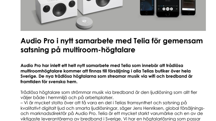 Audio Pro i nytt samarbete med Telia för gemensam satsning på multiroom-högtalare 
