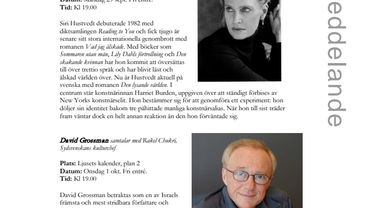 Stadsbiblioteket i Malmö: ​​Siri Hustvedt och David Grossman gästar Internationell författarscen
