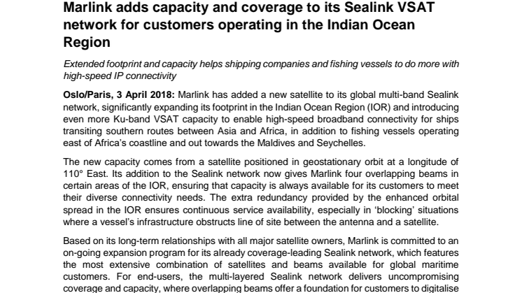 Marlink adds capacity and coverage to its Sealink VSAT network for customers operating in the Indian Ocean Region 