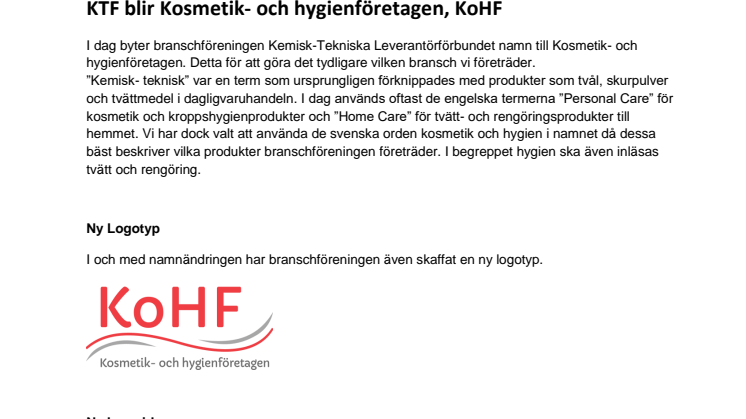 KTF blir Kosmetik- och hygienföretagen, KoHF