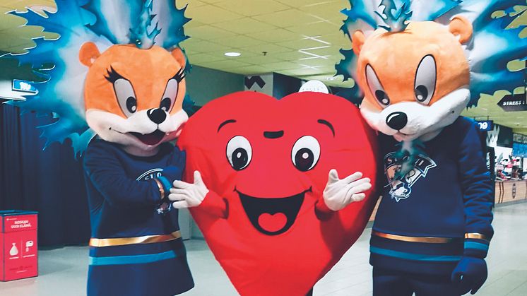 Sydämen kanssa verenpaineen mittaukseen väkeä houkuttelivat Jääkiekkoliiton maskotit Finkey ja Pinky.