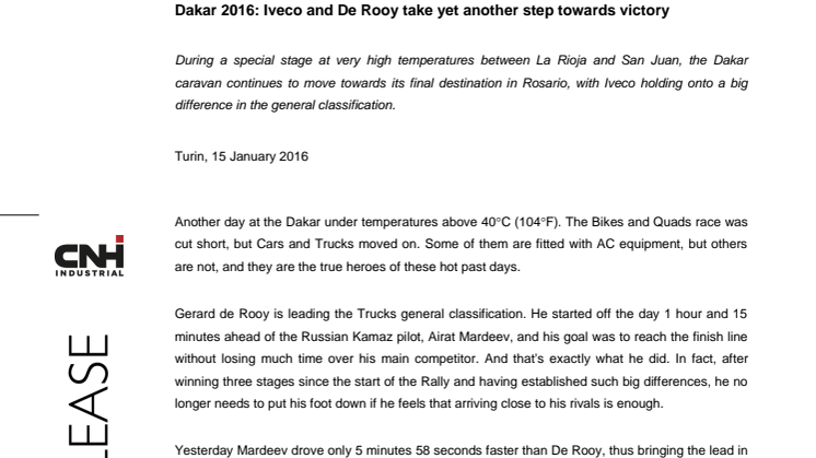 Pres release, Dakar 2016 Stage 11: Iveco and De Rooy take yet another step towards victory