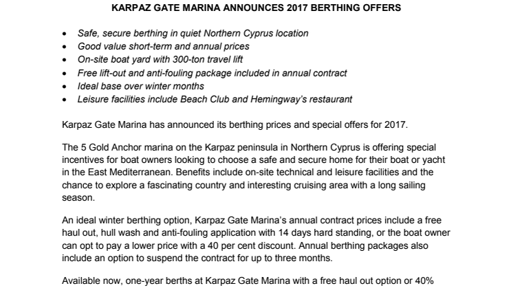 Karpaz Gate Marina Announces 2017 Berthing Offers