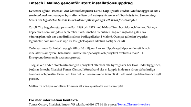 Imtech i Malmö genomför stort installationsuppdrag 
