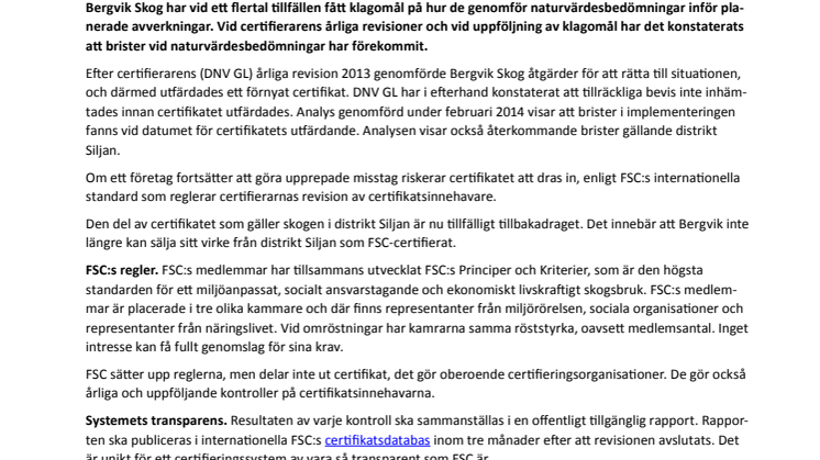 Distrikt Siljan tillfälligt tillbakadraget från Bergvik Skogs FSC®-certifikat