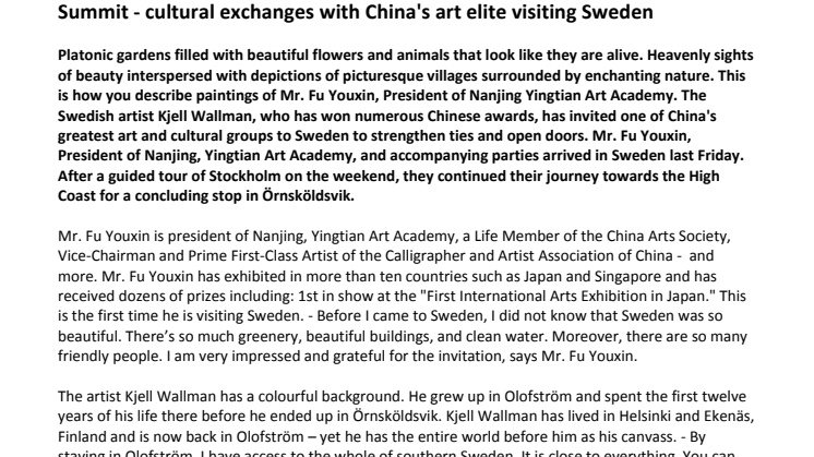 Summit - cultural exchanges with China's art elite visiting Sweden 