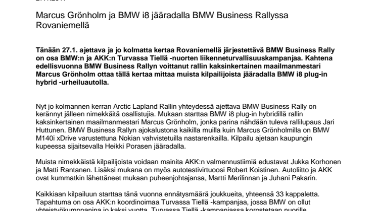 Marcus Grönholm ja BMW i8 jääradalla BMW Business Rallyssa Rovaniemellä
