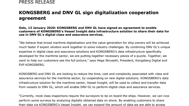 KONGSBERG and DNV GL sign digitalization cooperation agreement