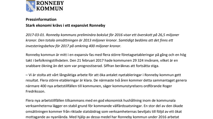 Stark ekonomi krävs i ett expansivt Ronneby   