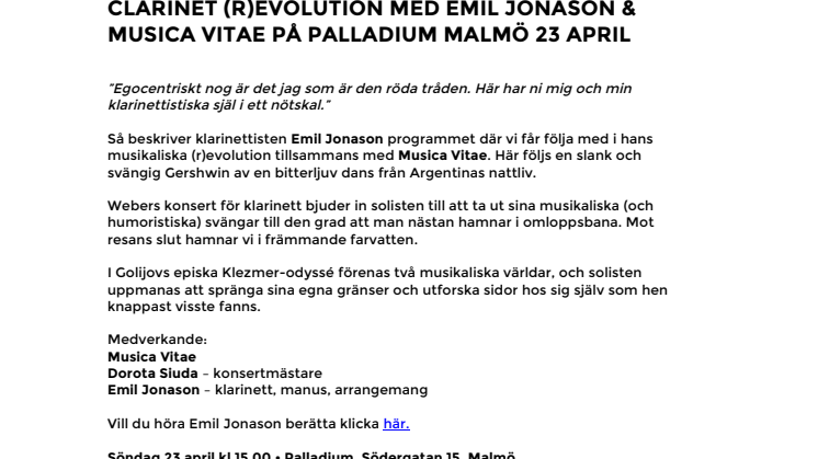 Clarinet (R)evolution med Emil Jonason & Musica Vitae på Palladium Malmö 23 april